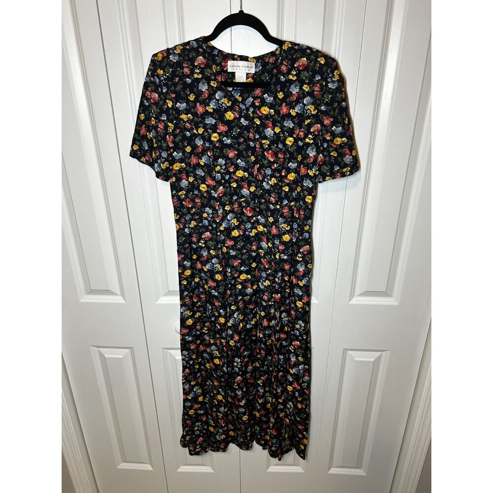 Vintage 90s Floral Midi Dress Size 10P Black Button Front Cottagecore Grunge